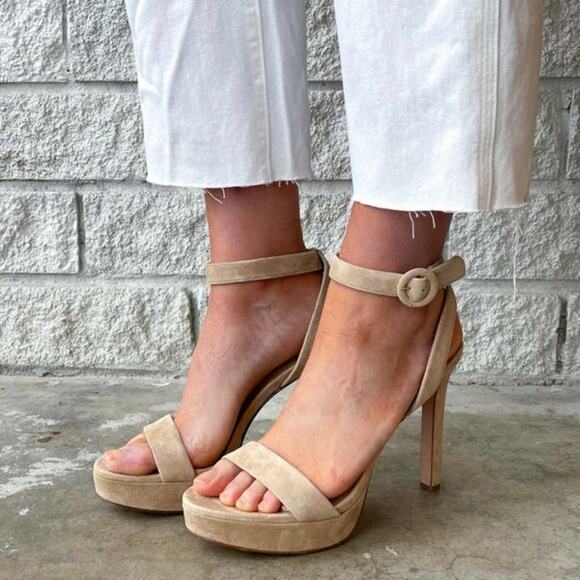 Veronica Beard Darcelle Platform Pumps sz 9.5 Ankle Wrap Heel Nude Suede Leather - Picture 1 of 16